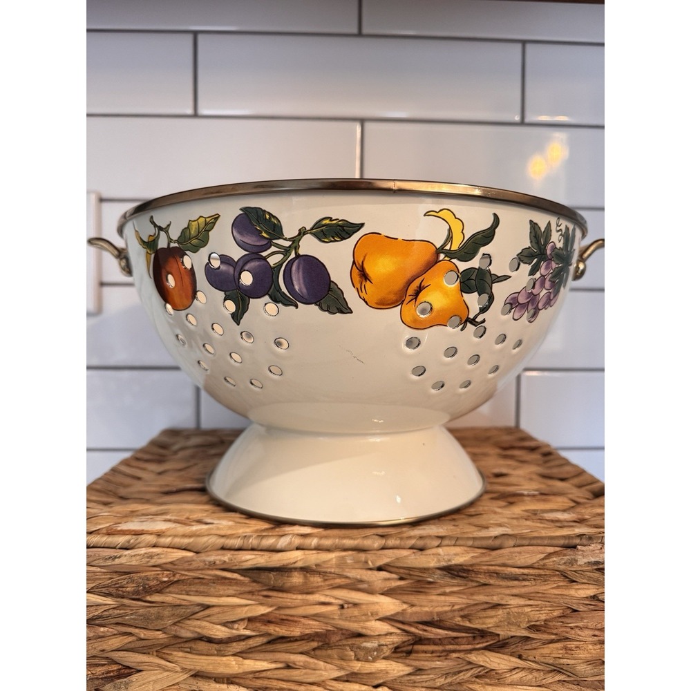 VTG Essence Enamelware Footed Colander with Fruit Pattern Double Handle 11" 5 qt